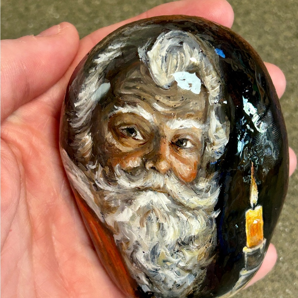 Artisan Hand-Painted oil Santa Claus by Candle Light Stone original Art